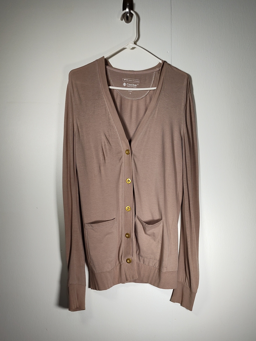 Coolibar sun protection tan cotton bamboo lightweight button cardigan S